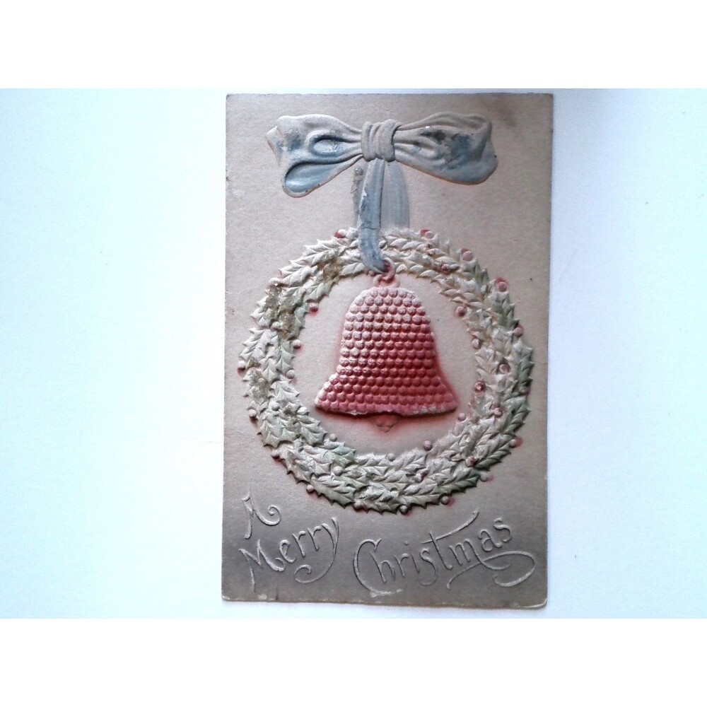 Antique Embossed Christmas Wreath Bell Postcard 1908 Posted Phila PA